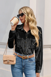 Womens Black Velvet Button Down Shirt | CicyBell