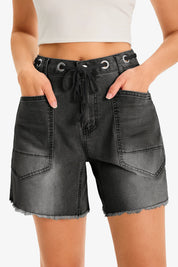 Womens Black Drawtring Mid Waist Denim Shorts 1