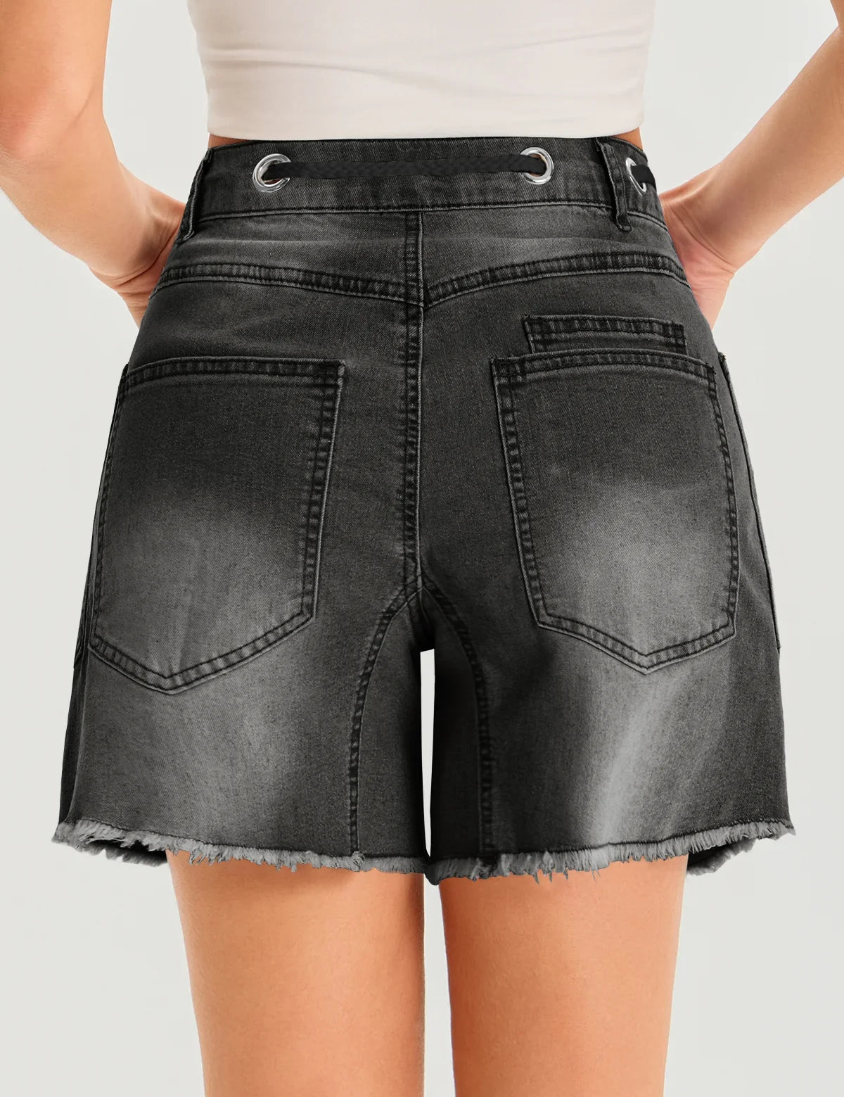 Womens Black Drawtring Mid Waist Denim Shorts 2