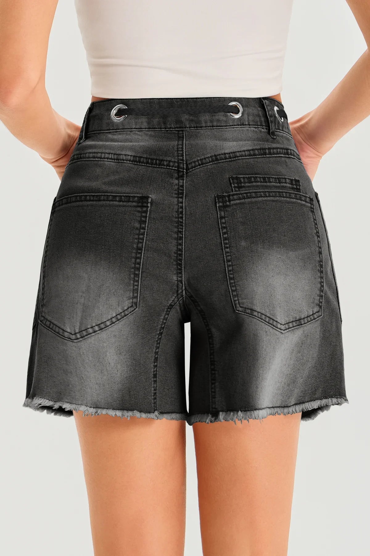 Womens Black Drawtring Mid Waist Denim Shorts 2