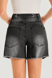 Womens Black Drawtring Mid Waist Denim Shorts 2