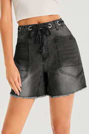 Womens Black Drawtring Mid Waist Denim Shorts 3