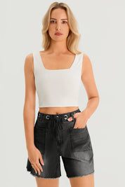 Cicy Bell Womens Black Drawtring Mid Waist Denim Shorts