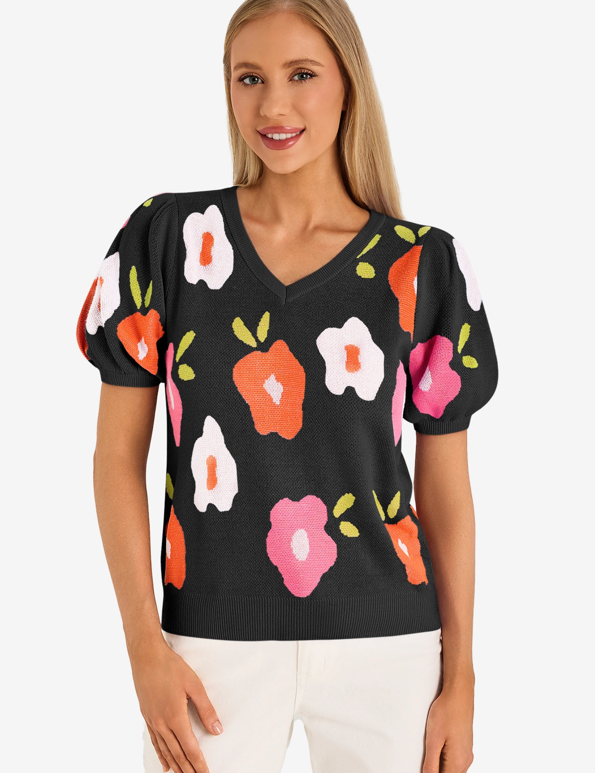 Womens Black Floral Puff Short Sleeve Sweater 1