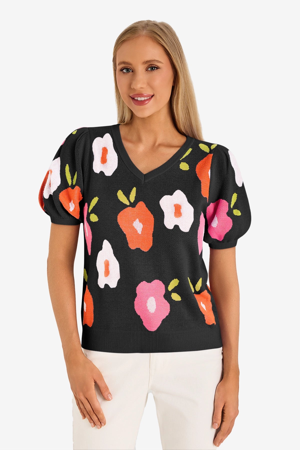 Womens Black Floral Puff Short Sleeve Sweater 1