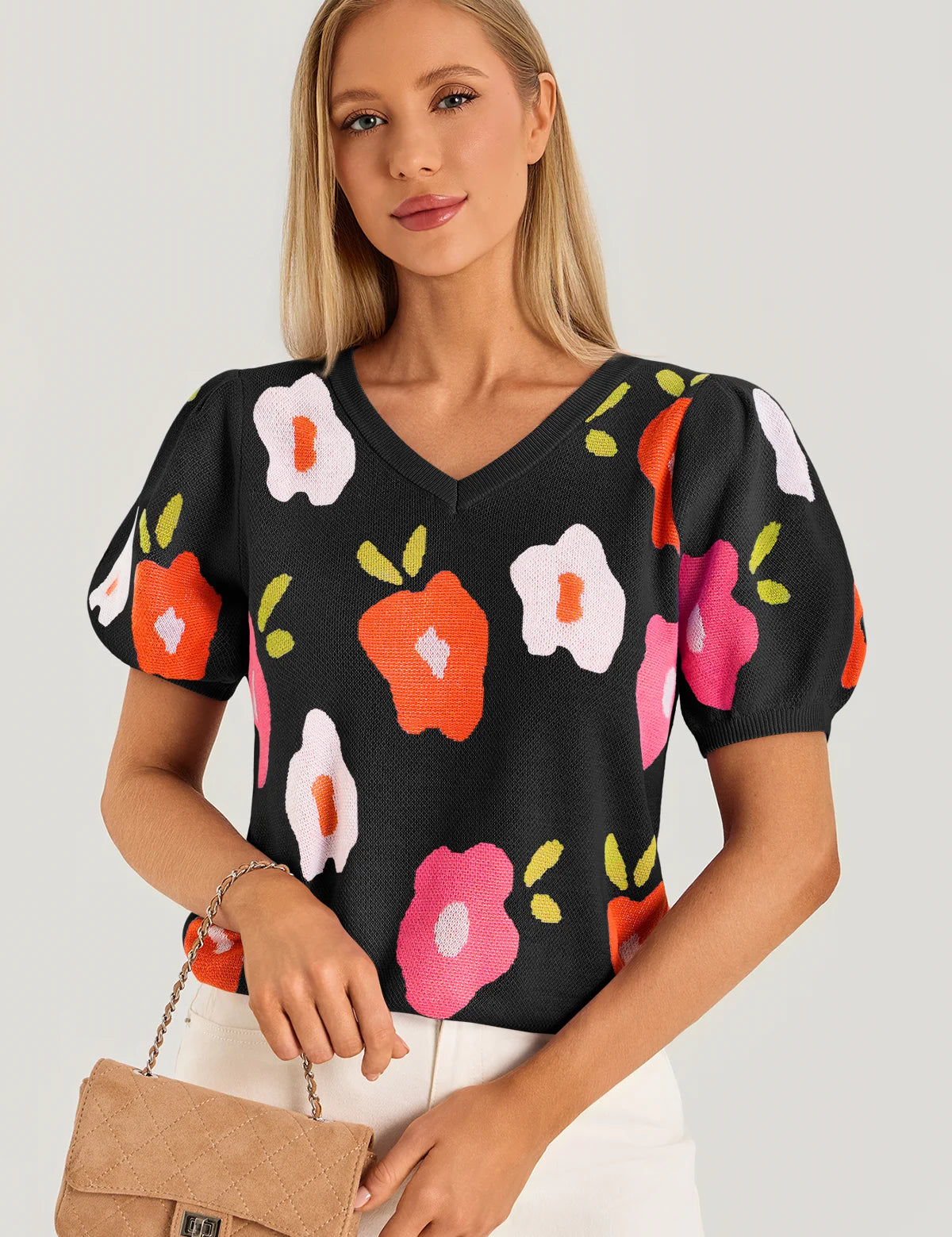 Womens Black Floral Puff Short Sleeve Sweater 2