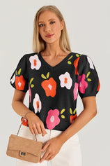 Womens Black Floral Puff Short Sleeve Sweater 2