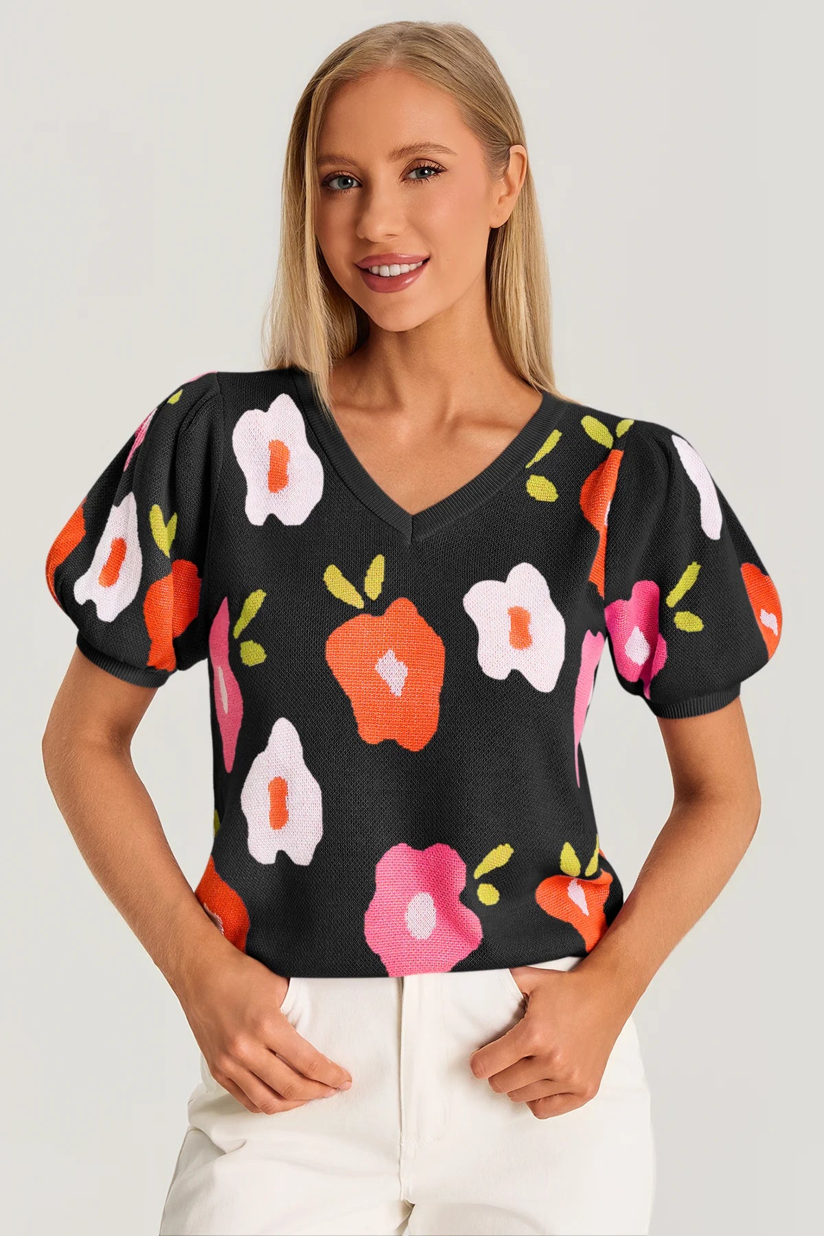 Womens Black Floral Puff Short Sleeve Sweater 3