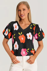 Womens Black Floral Puff Short Sleeve Sweater 3