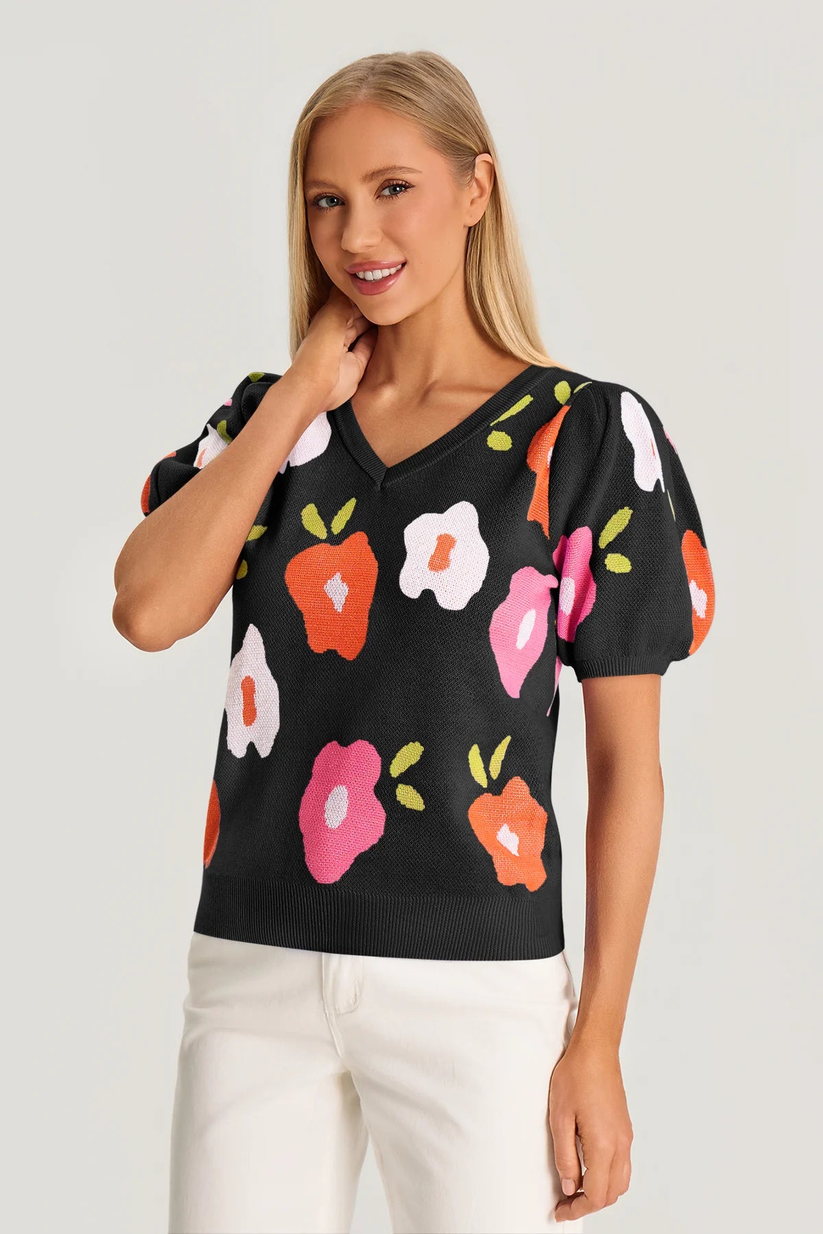 Womens Black Floral Puff Short Sleeve Sweater | CicyBell