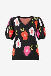 Womens Black Floral Puff Short Sleeve Sweater | CicyBell