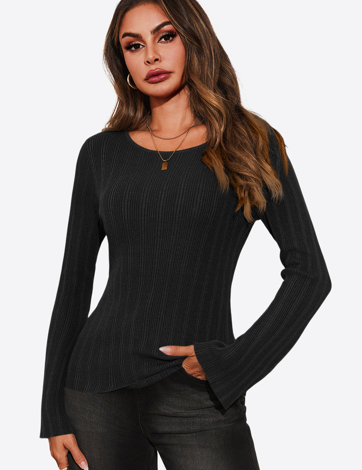 Womens Black Long Sleeve Knit Tops 1