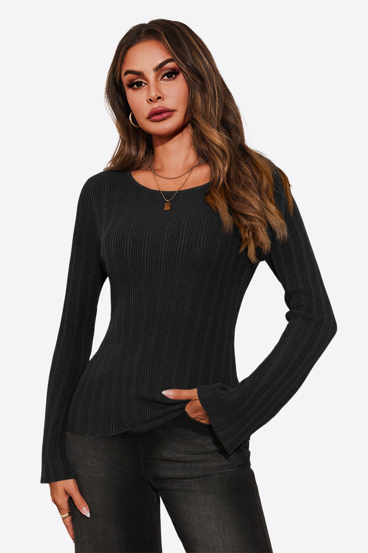 Womens Black Long Sleeve Knit Tops 1