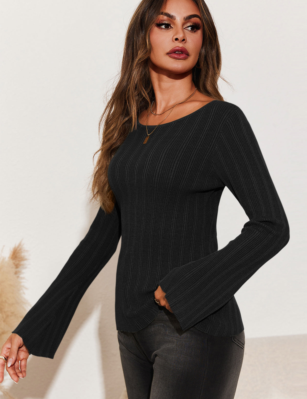 Womens Black Long Sleeve Knit Tops 2