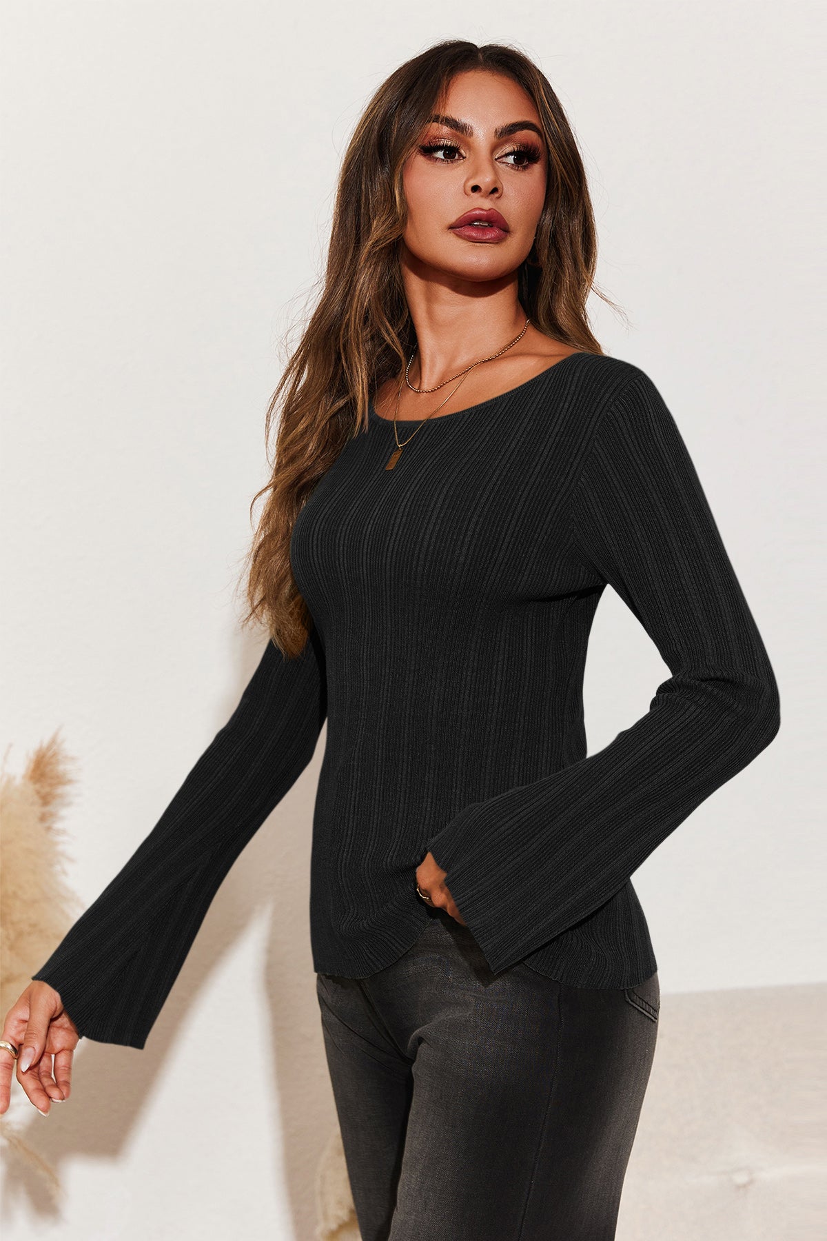 Womens Black Long Sleeve Knit Tops 2