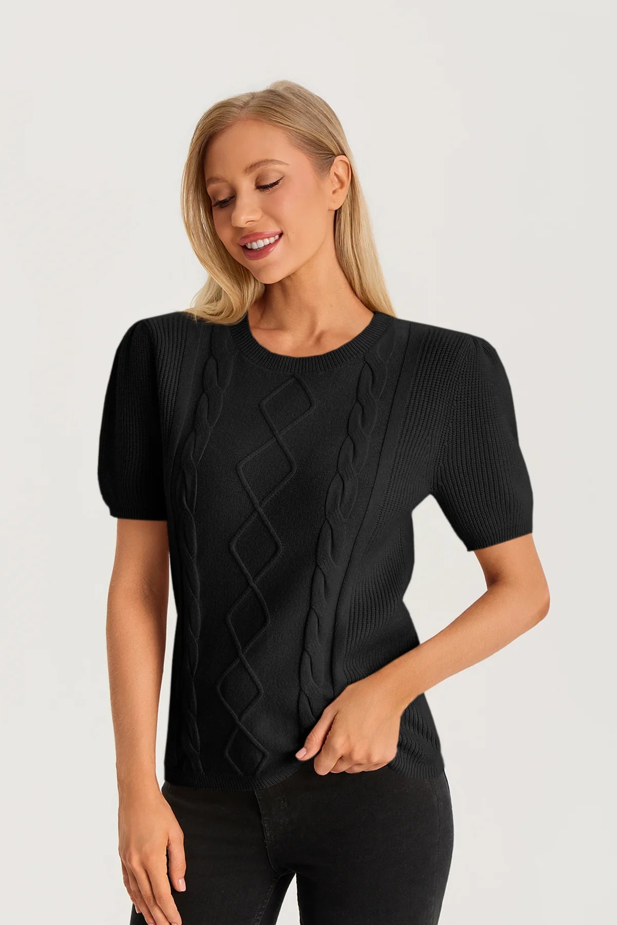 Womens  Black Puff Short Sleeve Sweater | CicyBell