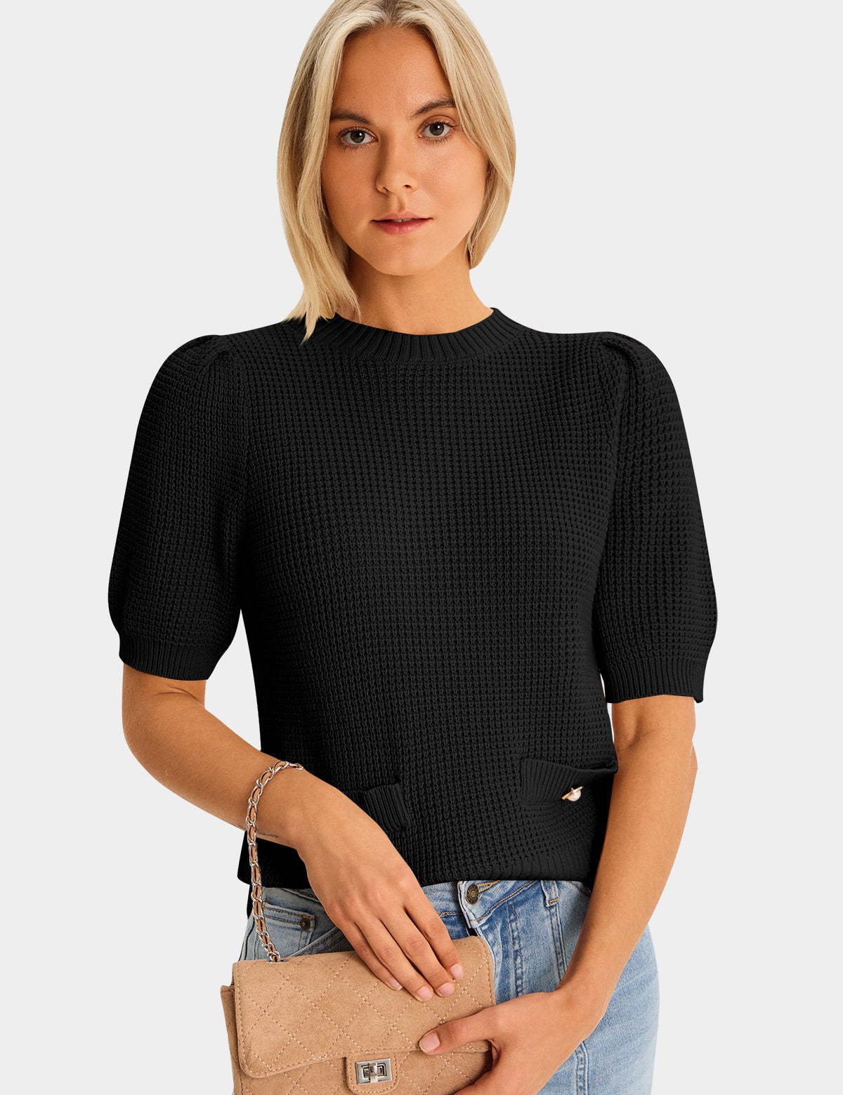 Womens Black Puff Short Sleeve Sweaters Tops 1