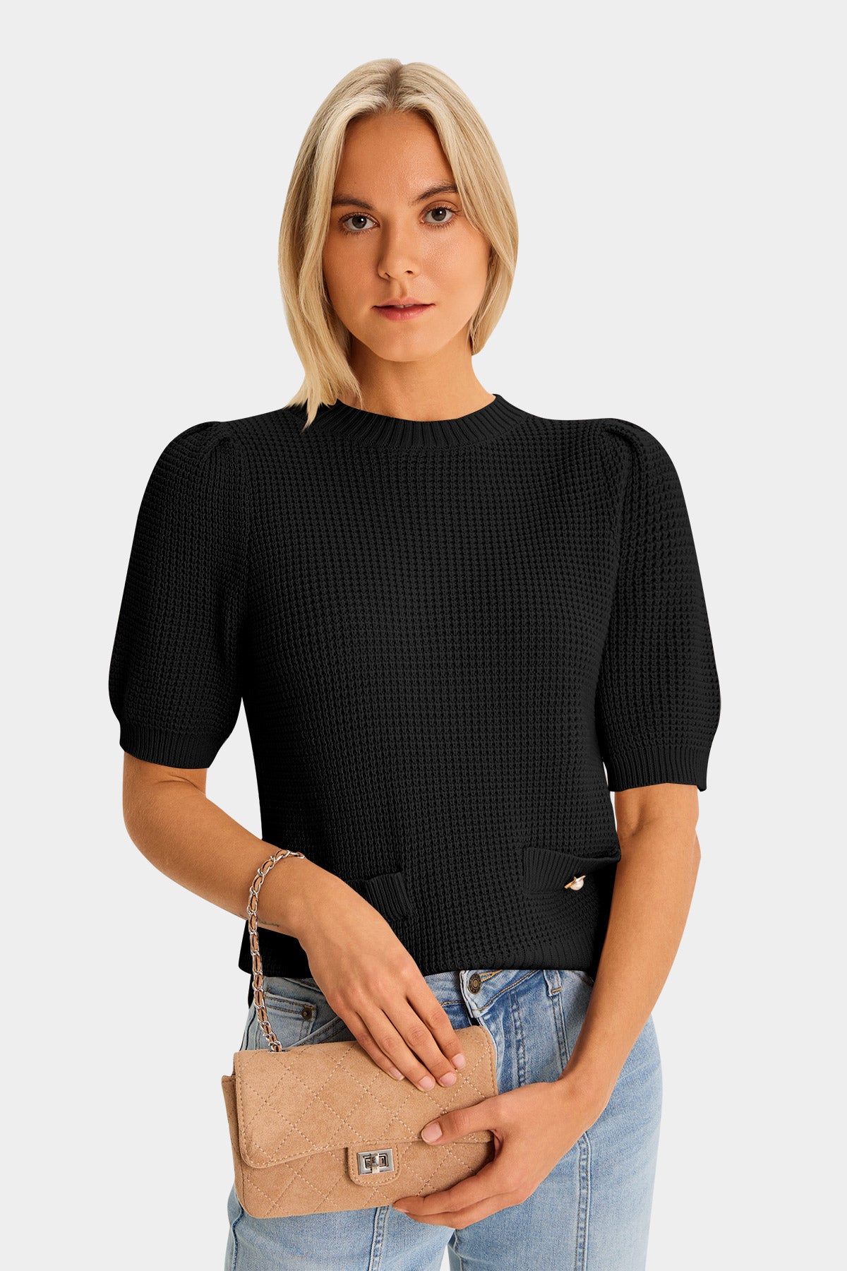 Womens Black Puff Short Sleeve Sweaters Tops 1