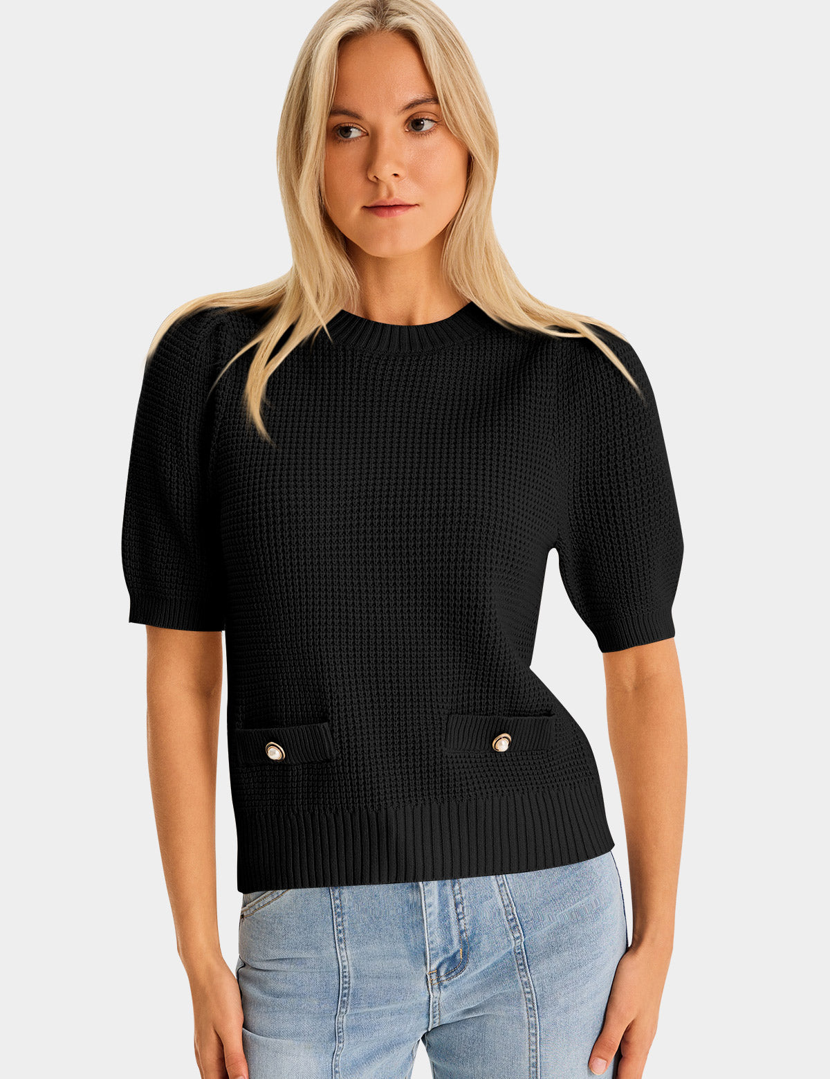 Womens Black Puff Short Sleeve Sweaters Tops 2