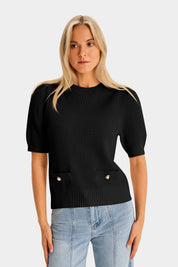 Womens Black Puff Short Sleeve Sweaters Tops 2