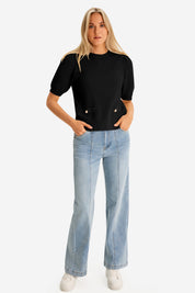 Womens Black Puff Short Sleeve Sweaters Tops | CicyBell