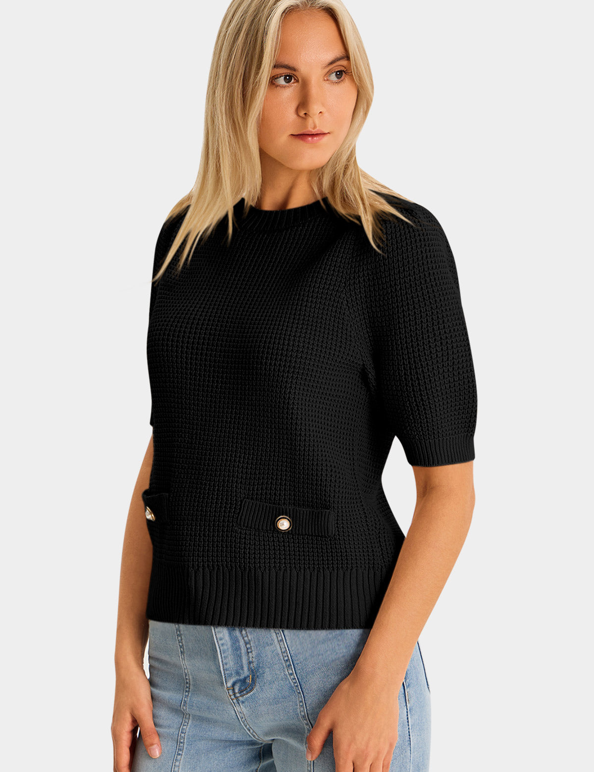 Womens Black Puff Short Sleeve Sweaters Tops 3