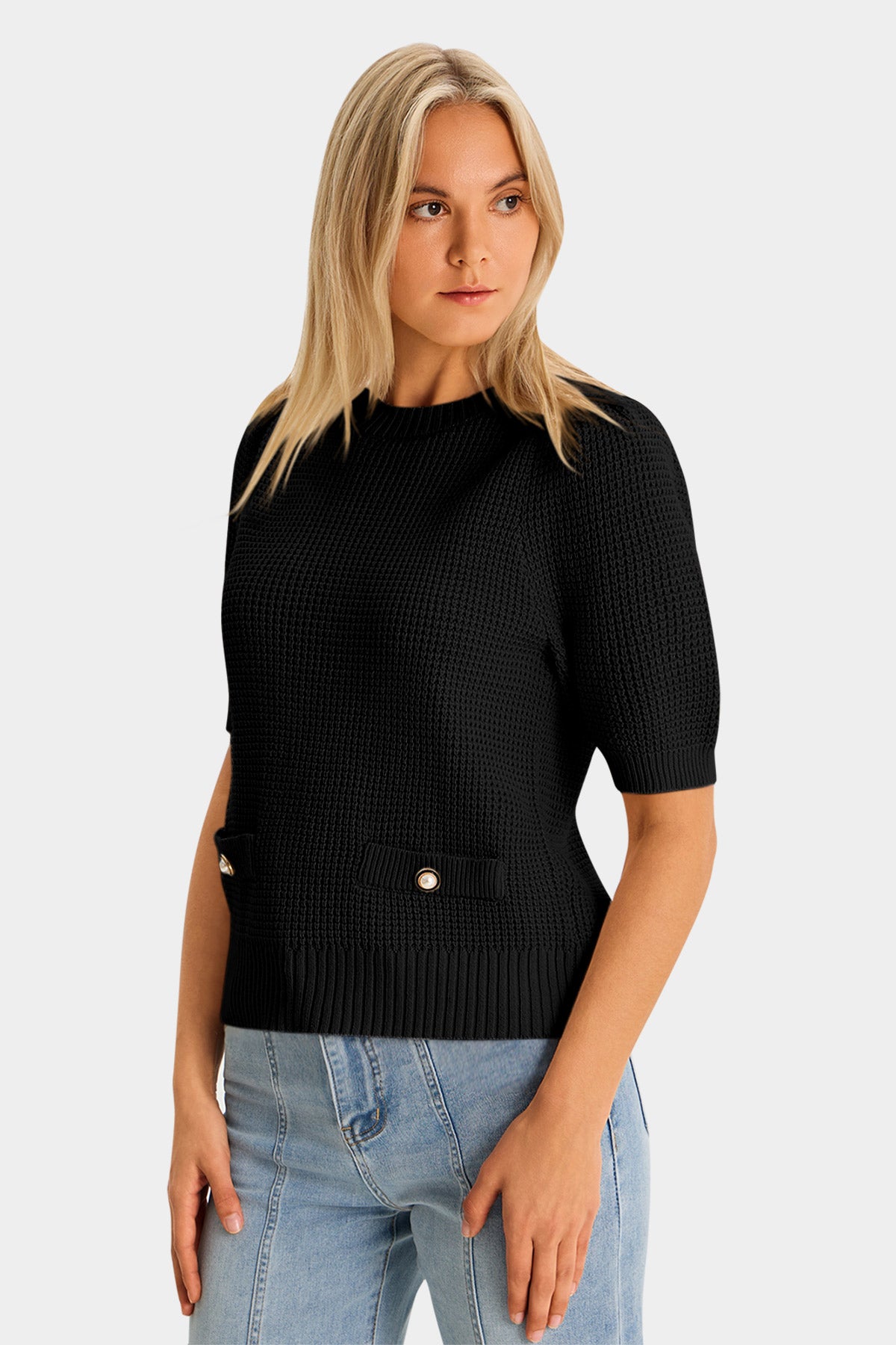 Womens Black Puff Short Sleeve Sweaters Tops 3