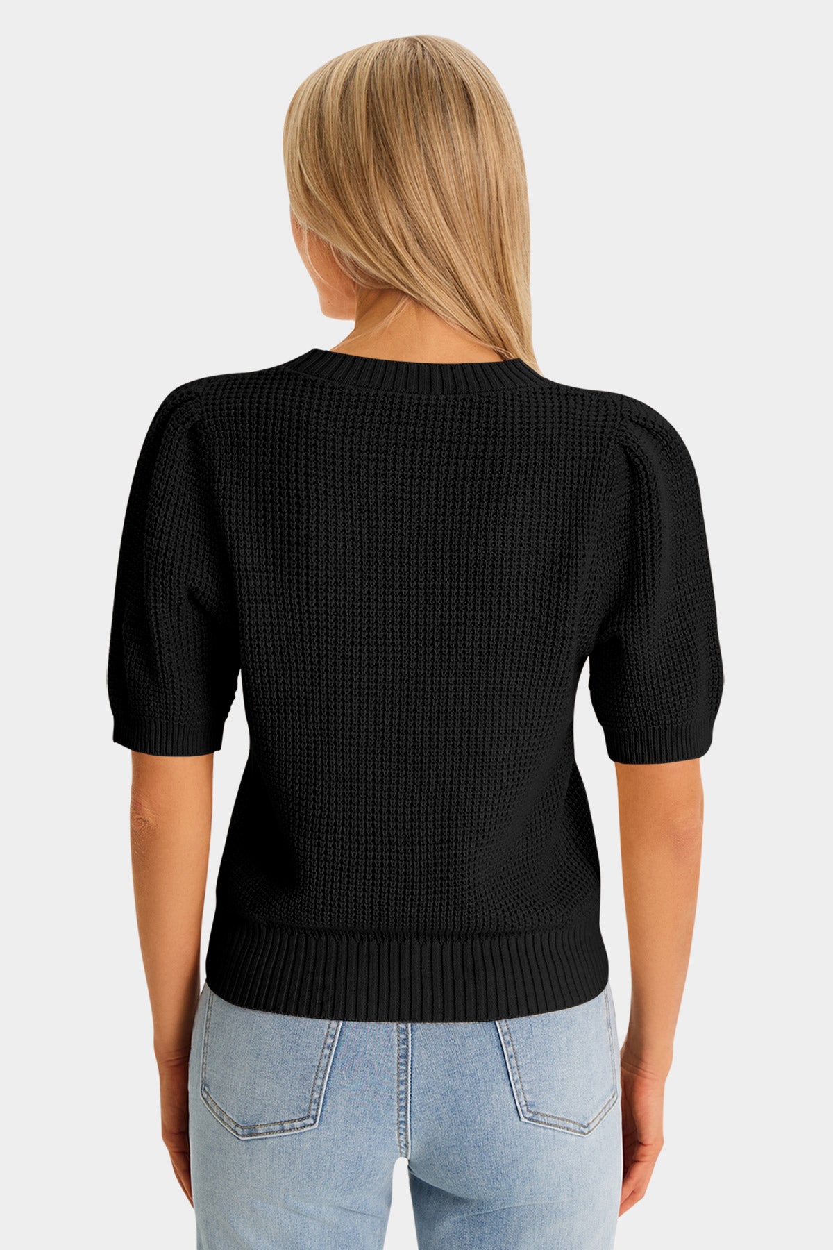 Womens Black Puff Short Sleeve Sweaters Tops | CicyBell