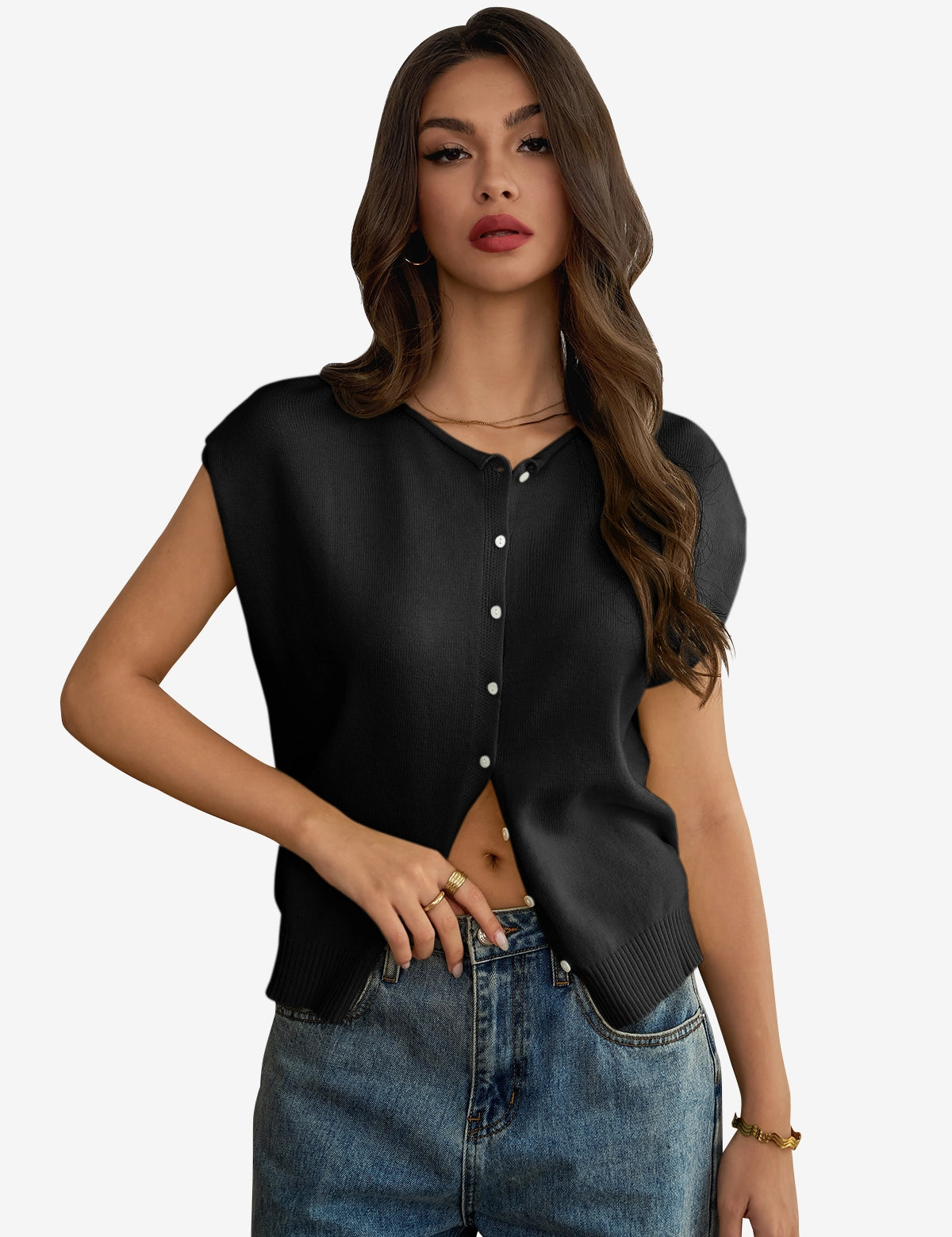 Womens Black Cap Sleeve Sweater Vest