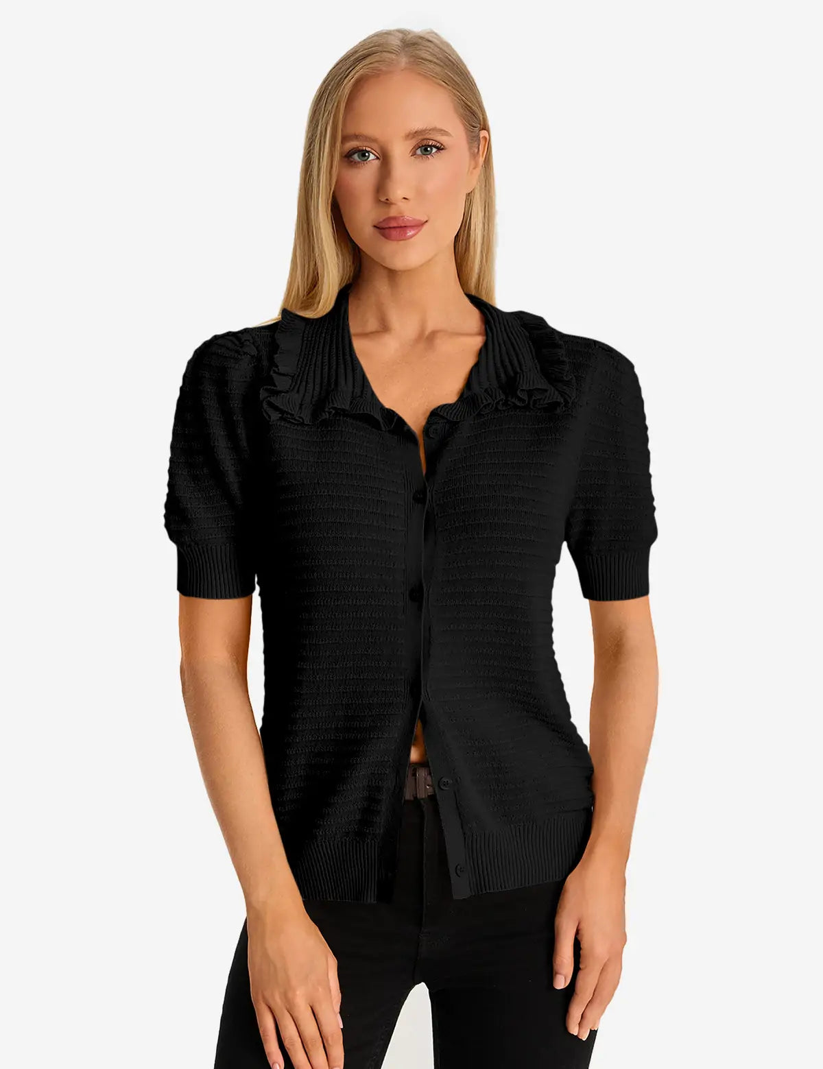 Black Ruffle Peter Pan Collar Cardigan Sweater 1