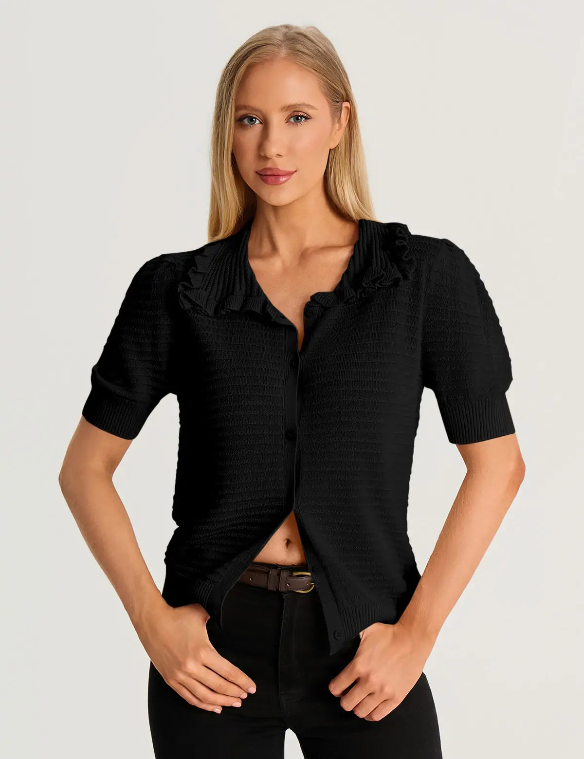 Black Ruffle Peter Pan Collar Cardigan Sweater 2