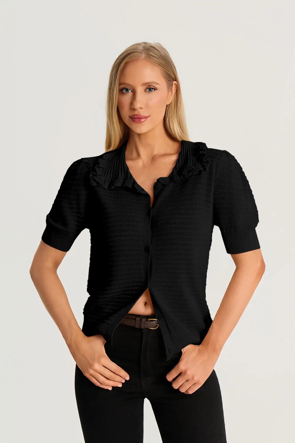 Black Ruffle Peter Pan Collar Cardigan Sweater 2