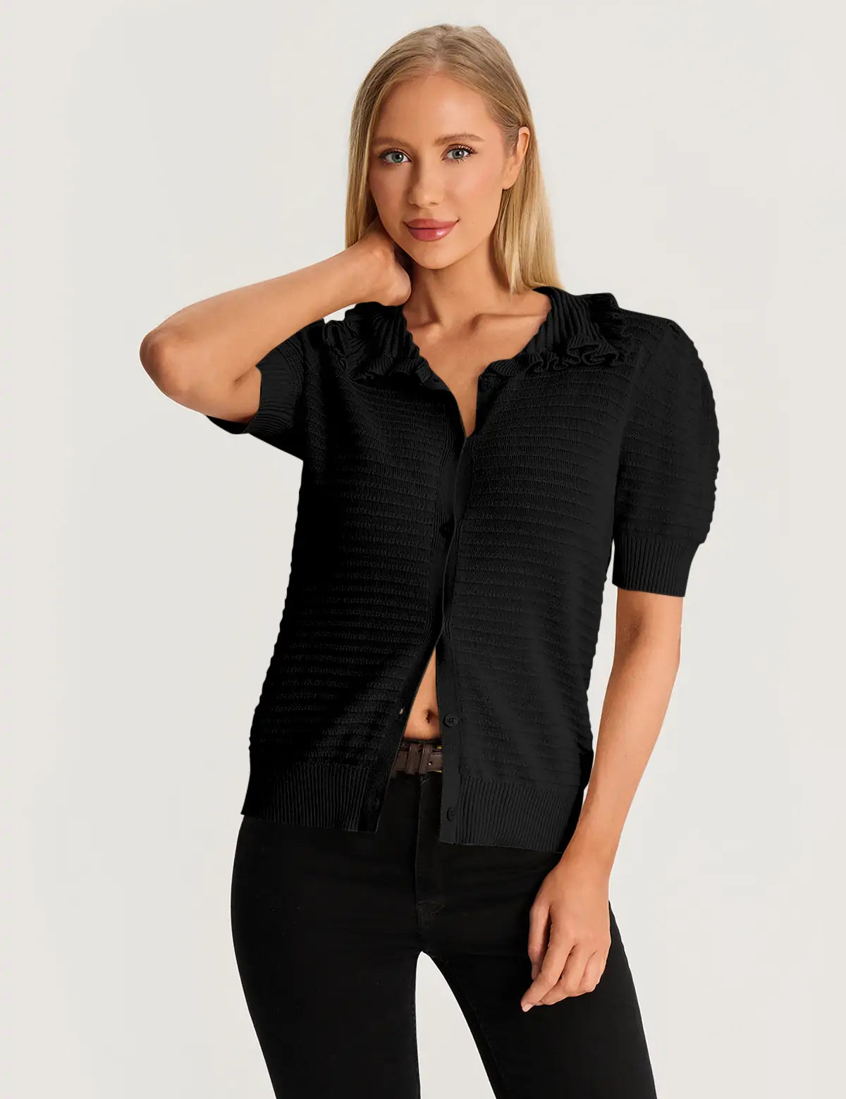 Black Ruffle Peter Pan Collar Cardigan Sweater 3