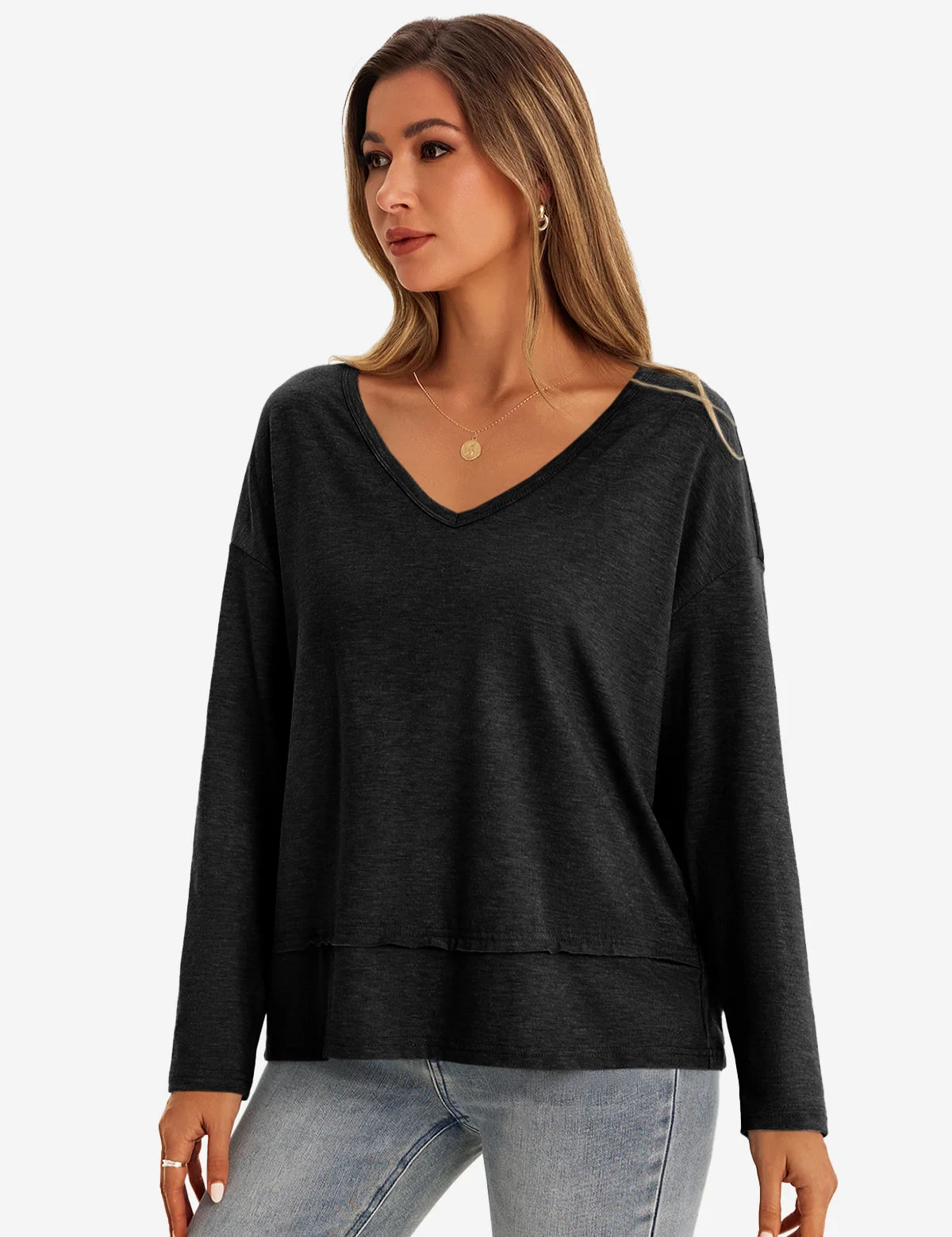Womens  Black V Neck Casual Flowy Tops 1