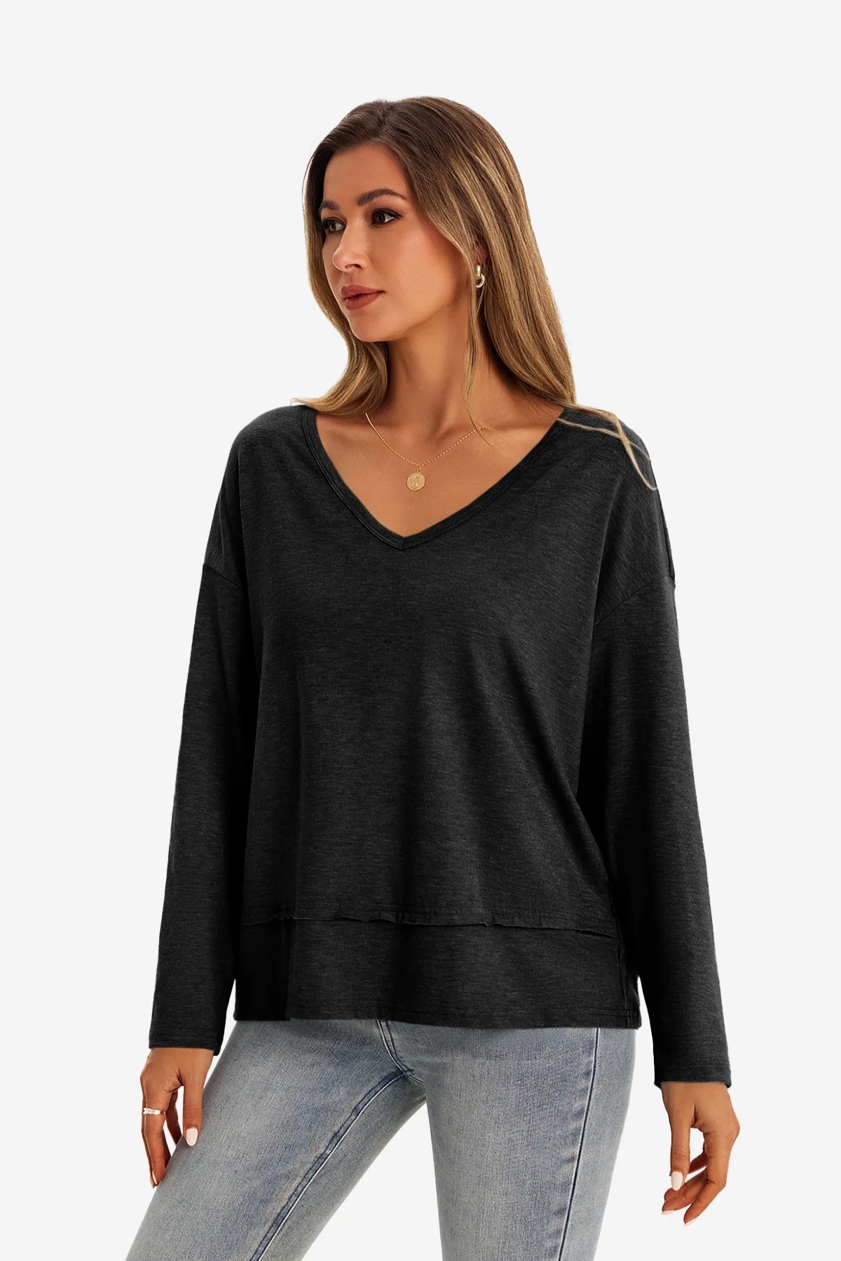 Womens  Black V Neck Casual Flowy Tops 1