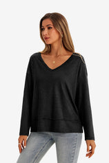 Womens  Black V Neck Casual Flowy Tops 1