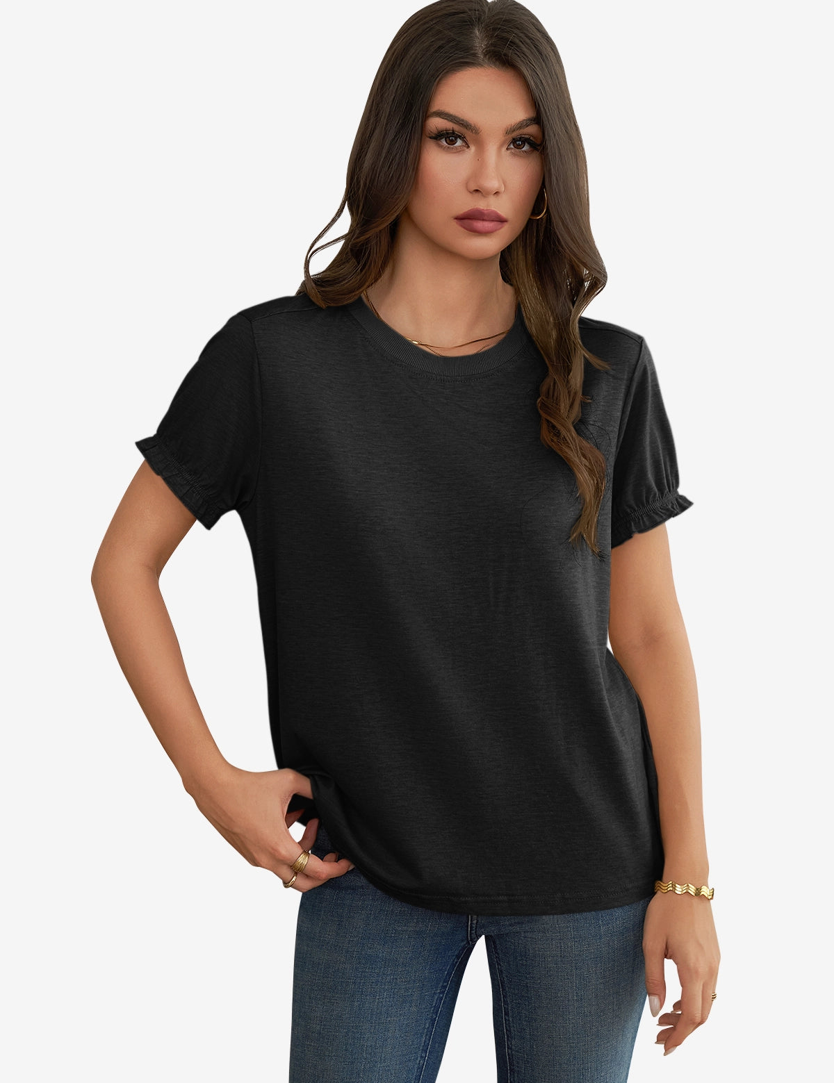 Womens Black Ruffle Short Sleeve T Shirt 1