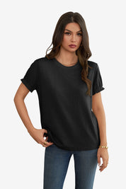 Womens Black Ruffle Short Sleeve T Shirt 1