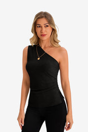 Womens  Black One Shoulder Tank Tops 1