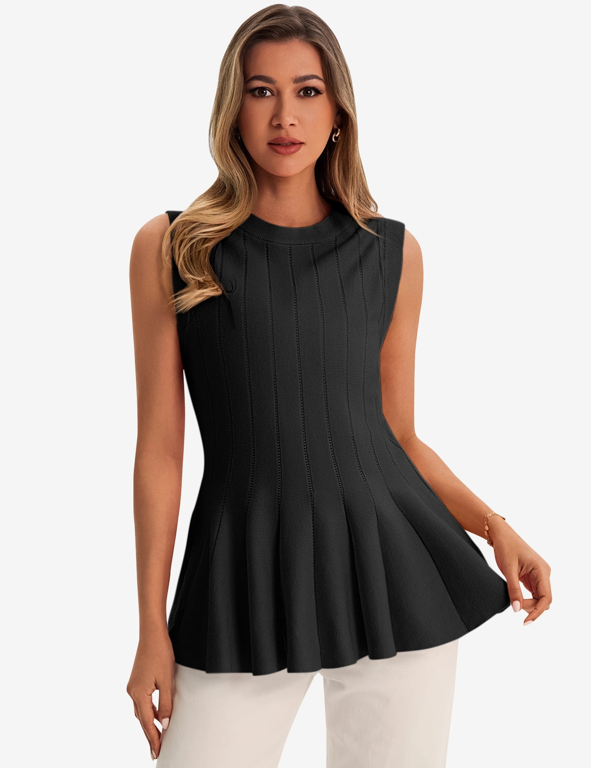 Womens  Black Pleated Peplum Tank Tops 1