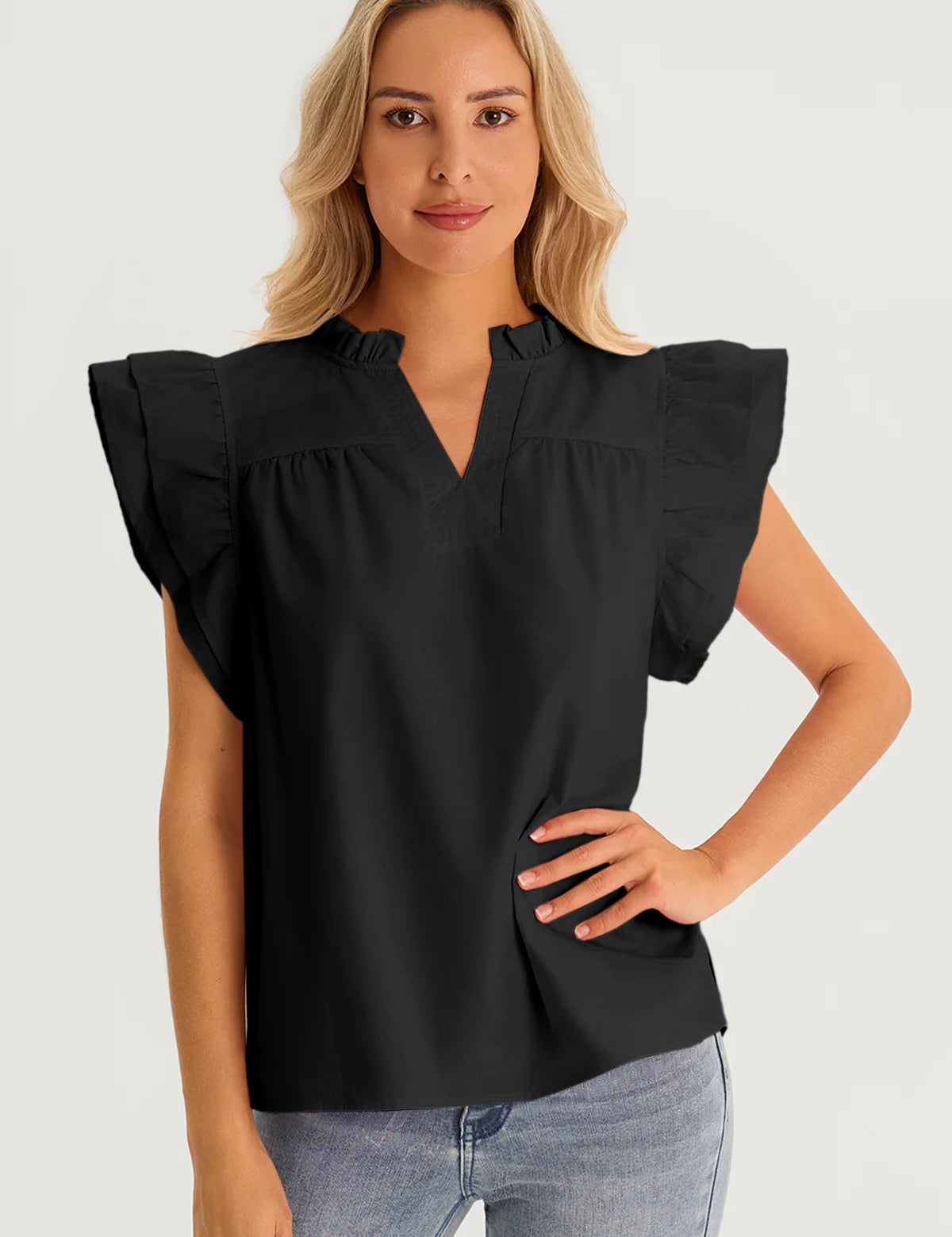 Womens Black Ruffle Cap Sleeve Tank Tops  1
