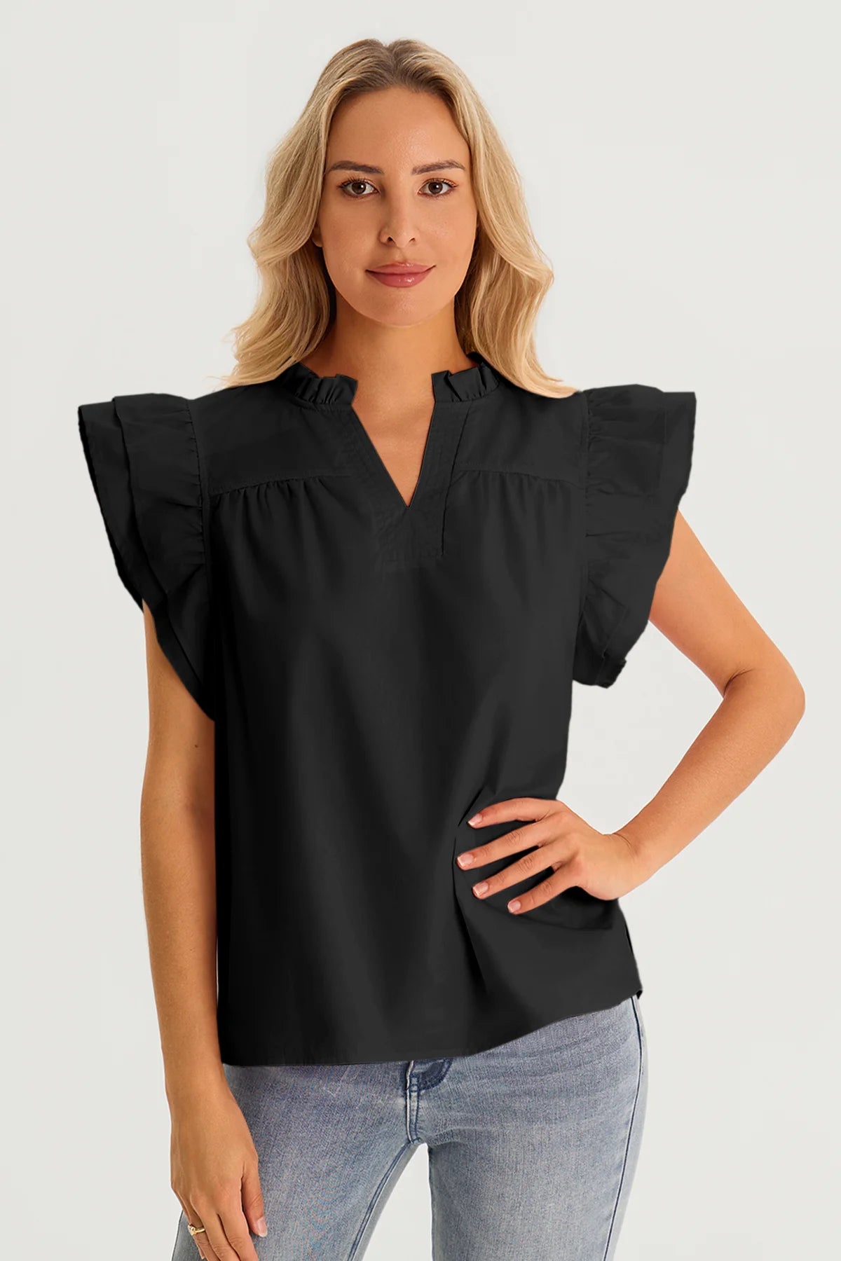 Womens Black Ruffle Cap Sleeve Tank Tops  1