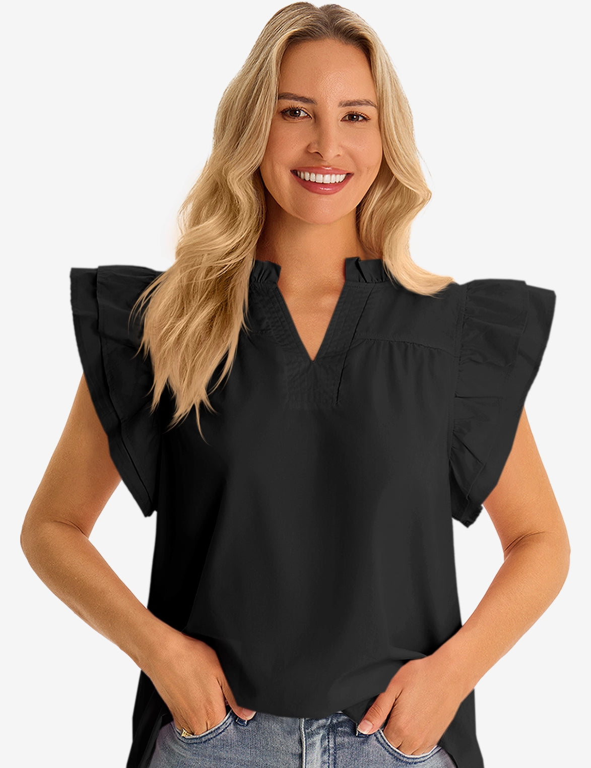 Womens Black Ruffle Cap Sleeve Tank Tops 2
