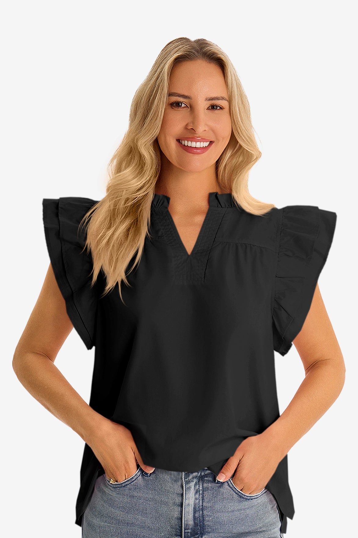 Womens Black Ruffle Cap Sleeve Tank Tops 2