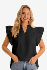 Womens Black Ruffle Cap Sleeve Tank Tops 2