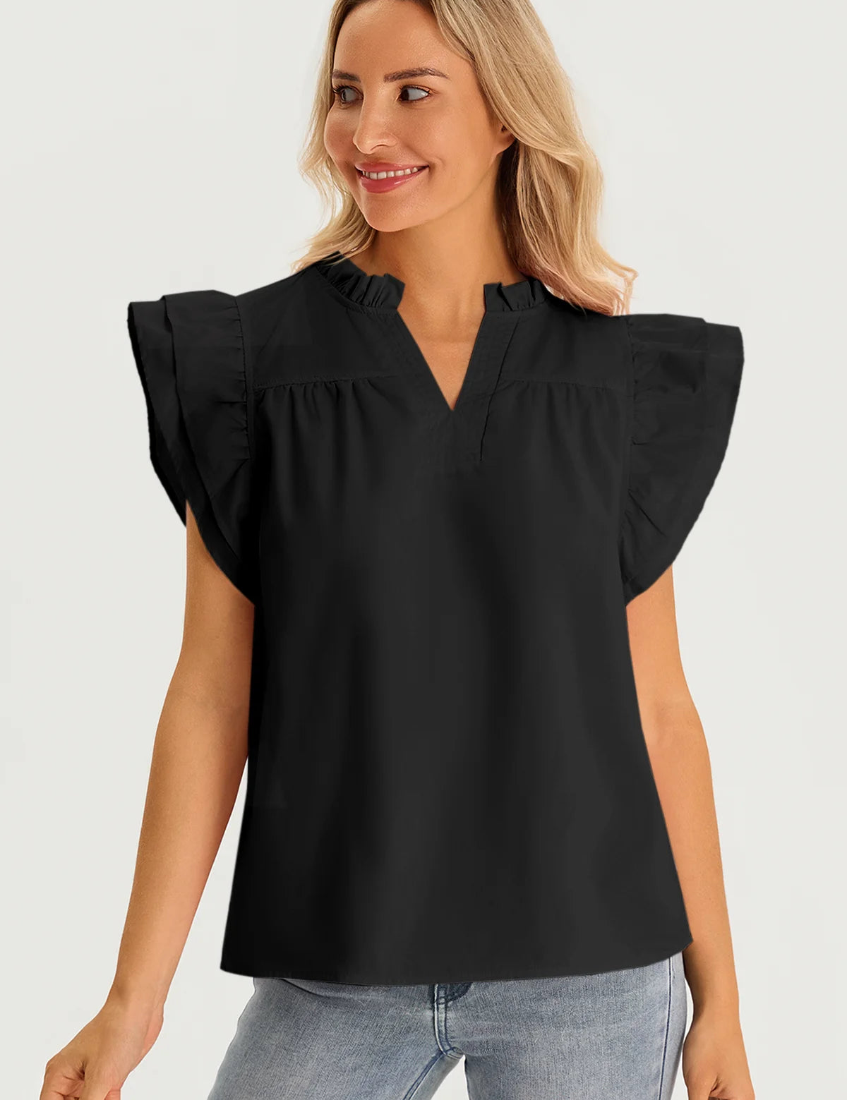 Womens Black Ruffle Cap Sleeve Tank Tops 3