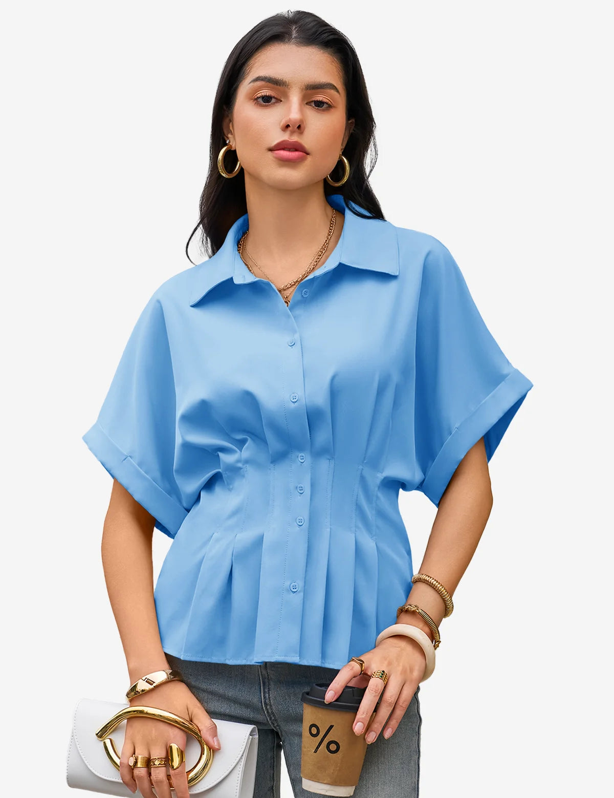 Womens Blue Pleated Button-Down Shirt 1