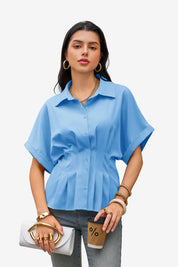 Womens Blue Pleated Button-Down Shirt 1