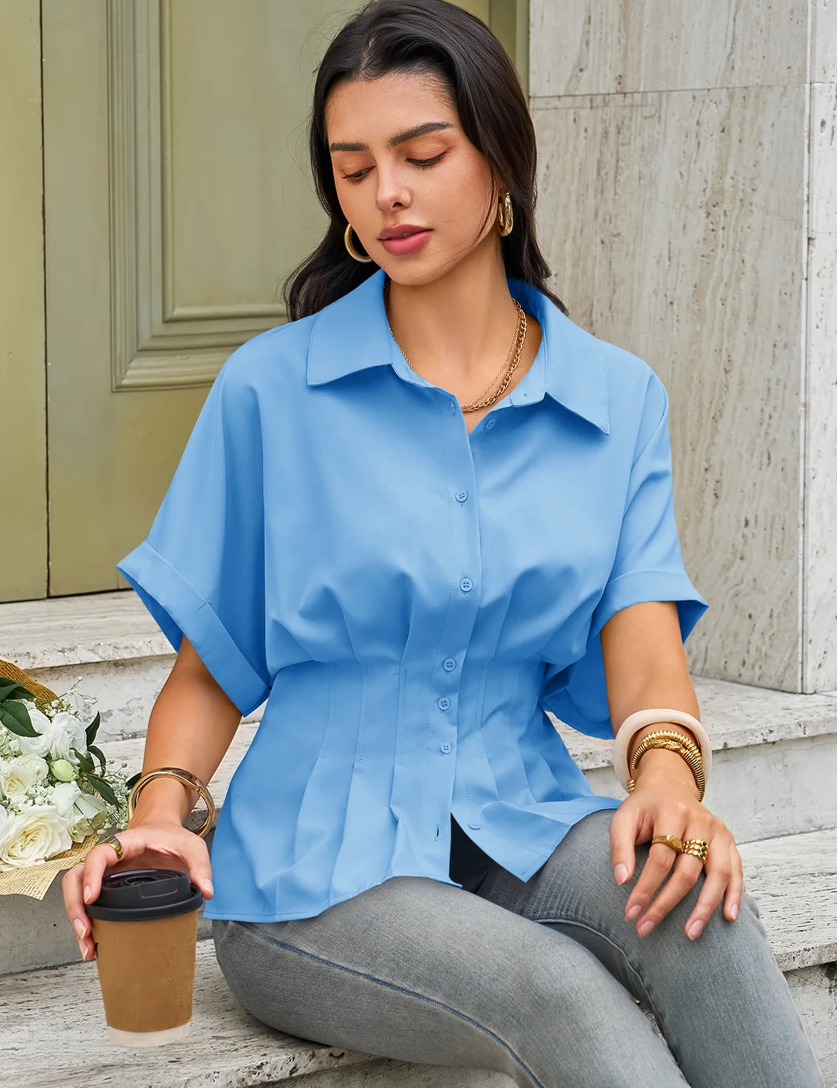 Womens Blue Pleated Button-Down Shirt 2
