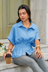 Womens Blue Pleated Button-Down Shirt 2